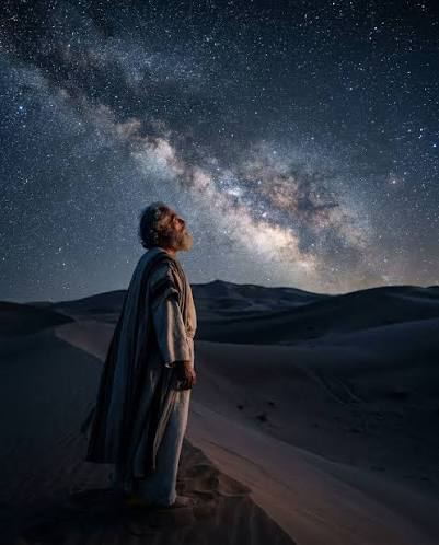 老人在沙漠中仰望銀河 · an old man in the desert looking up at the Milky Way