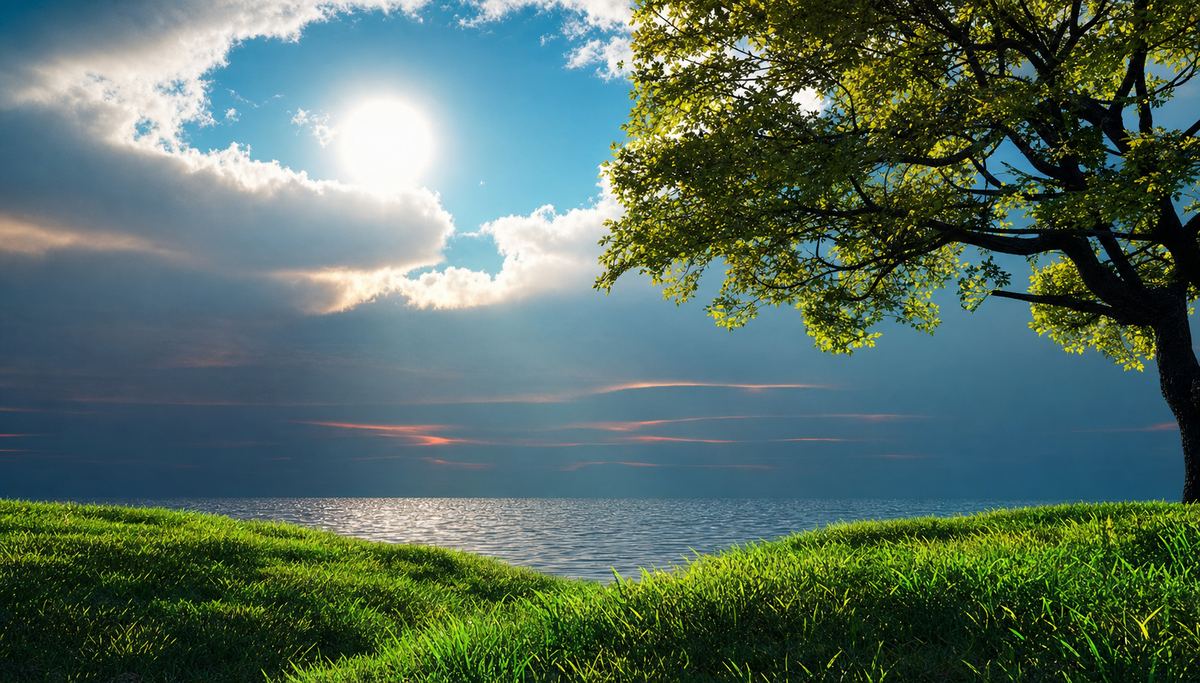 日光下的海、草地與樹 · sun over sea, grass and a tree — the created world