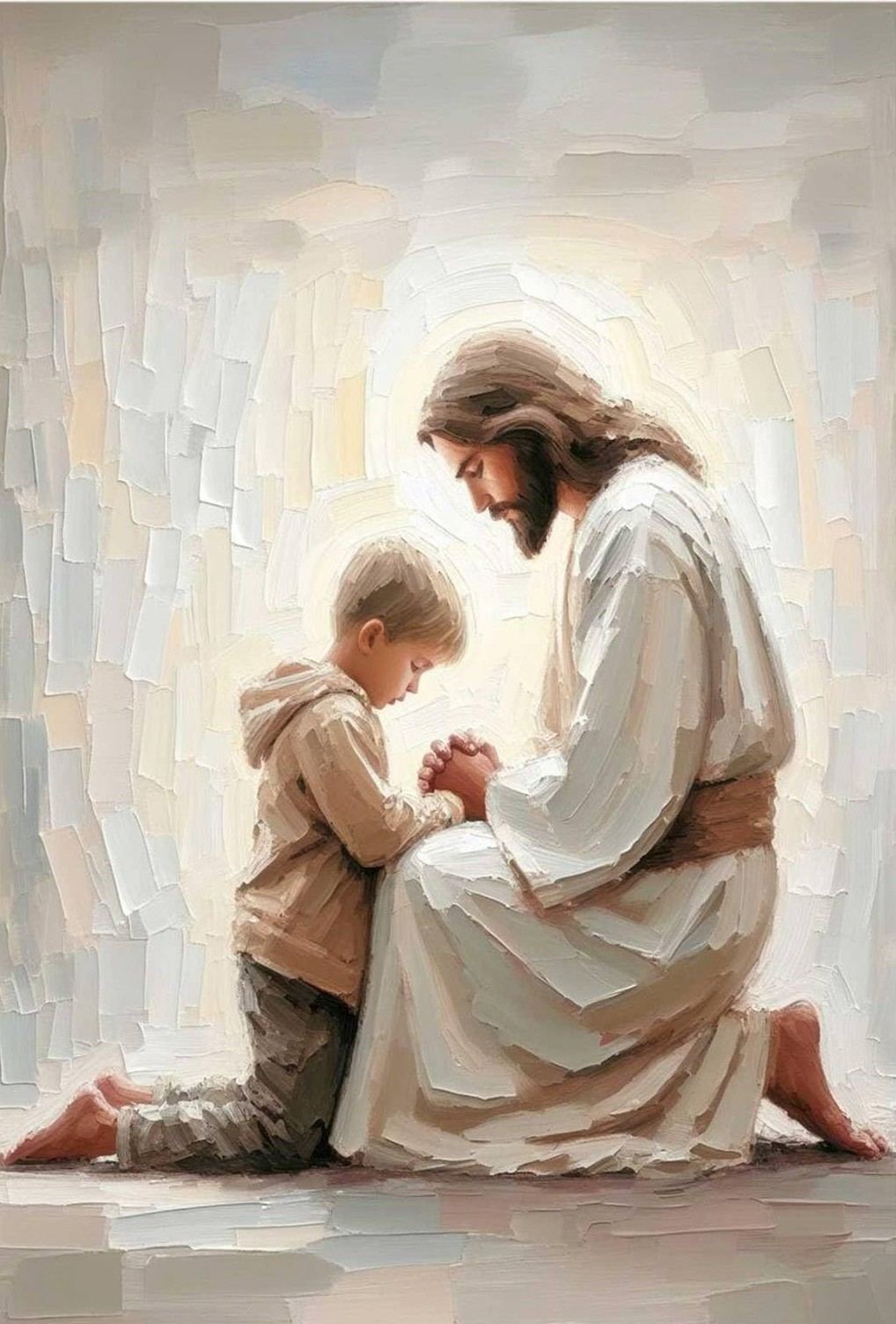 基督與跪著禱告的孩子 · Christ kneeling with a child, their hands joined in prayer