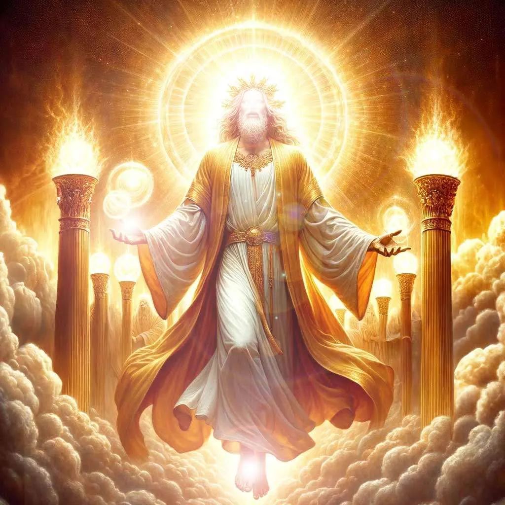 榮耀中的基督，在金光與火柱之間 · the glorified Christ in gold light between pillars of fire