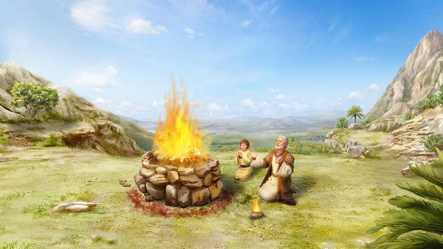 曠野中石壇上燃燒的火，兩人跪在旁邊 · fire burning on a stone altar in open country, two figures kneeling beside it